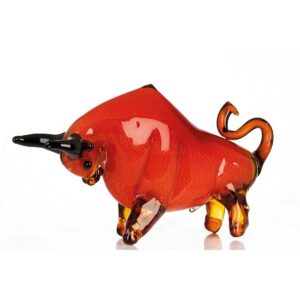 Glazen sculptuur "Stier" rood/oranje, H.28 L.52cm